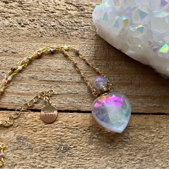 Aura Quartz Crystal bottle Necklace 18K Gold Plated Brass Rosary Chain New in bx - Picture 10 of 10